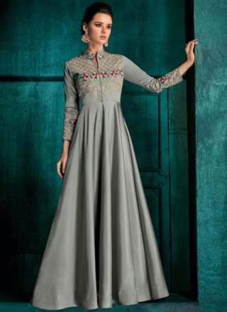 Grey Embroidered Silk Desinger Anarkali Suit