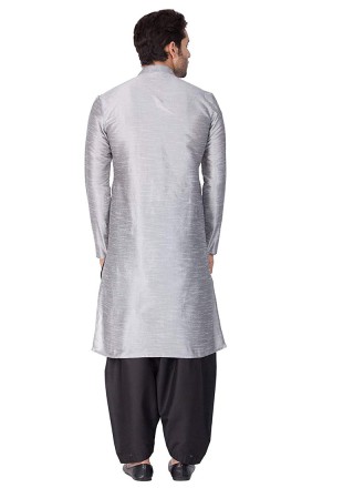 Grey Plain Art Dupion Silk Kurta Pyjama