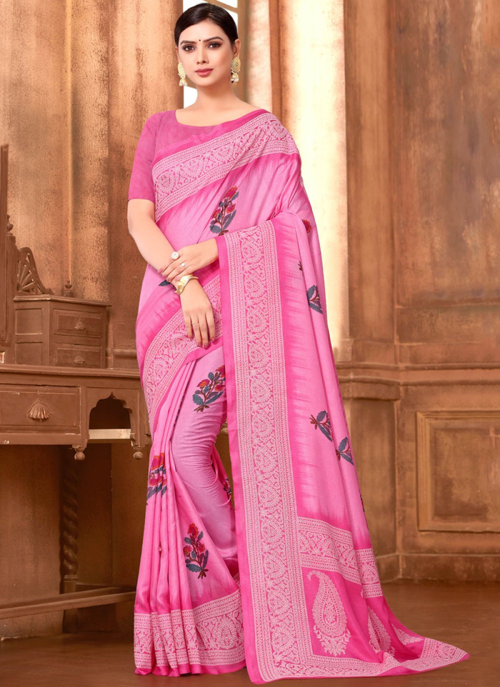 Hot Pink Abstract Print Art Silk Designer Traditional Saree