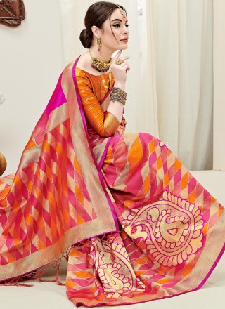 Hot Pink and Orange Art Silk Ceremonial Half N Half  Saree