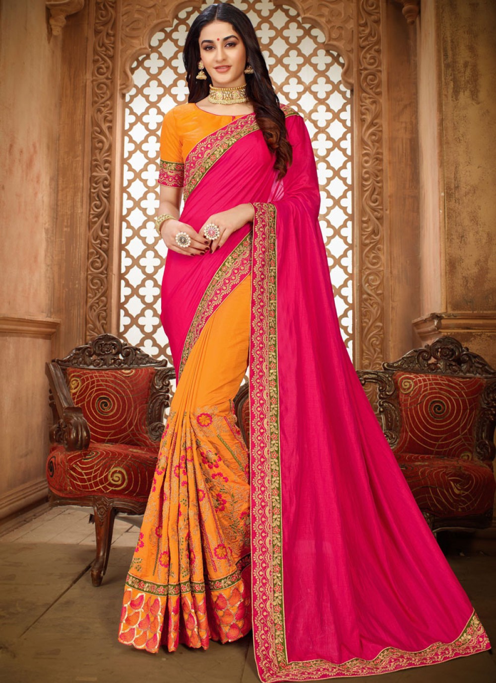 Hot Pink and Yellow Patch Border Saree ...
