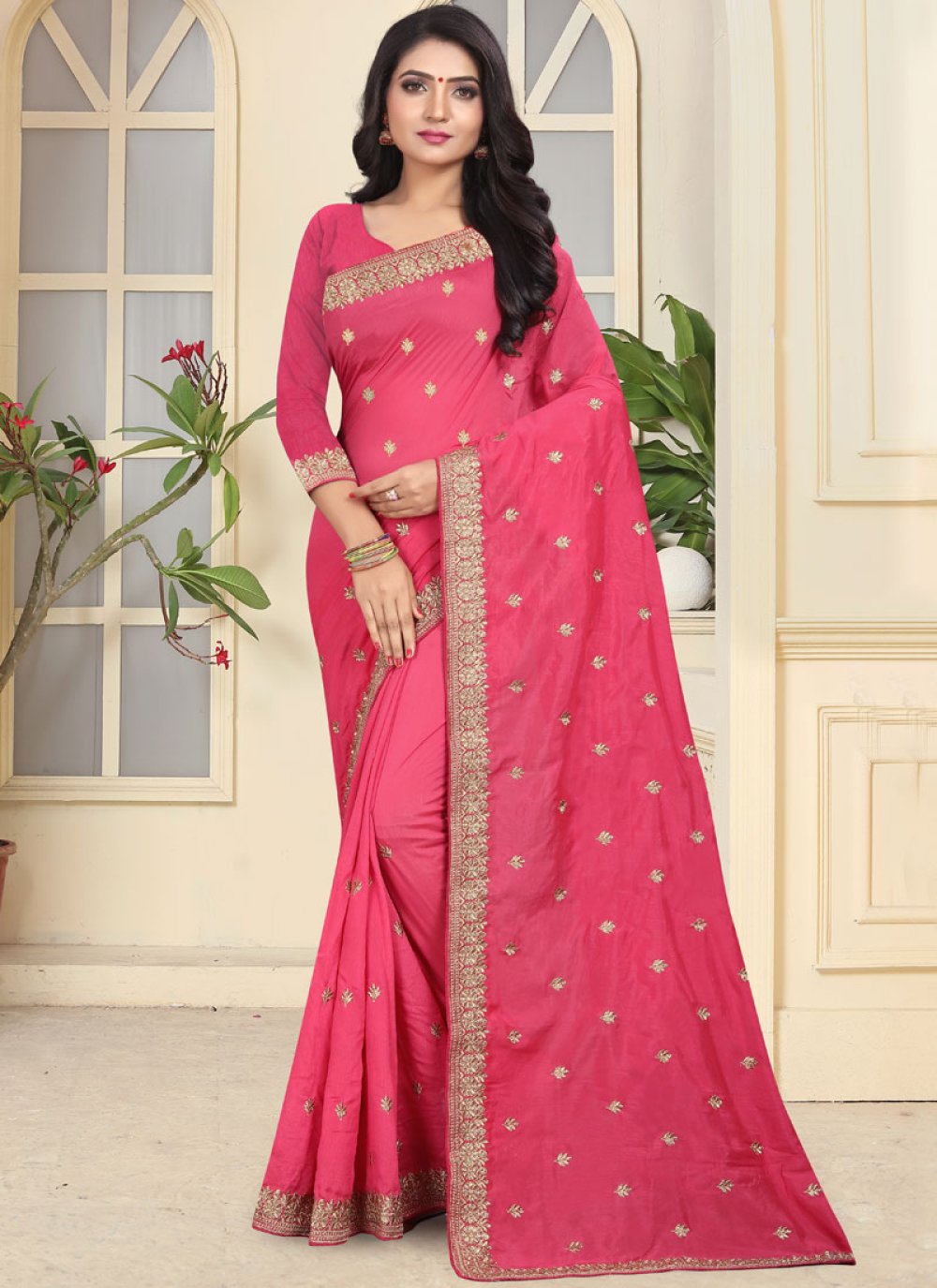 Hot Pink Ceremonial Art Silk Designer Traditional Saree