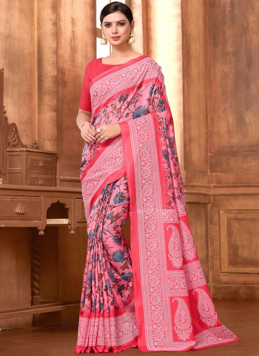 Hot Pink Ceremonial Printed Saree