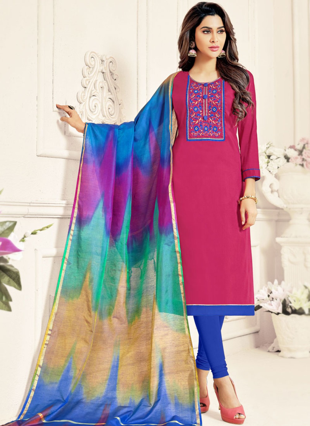 Hot Pink Embroidered Casual Salwar Suit