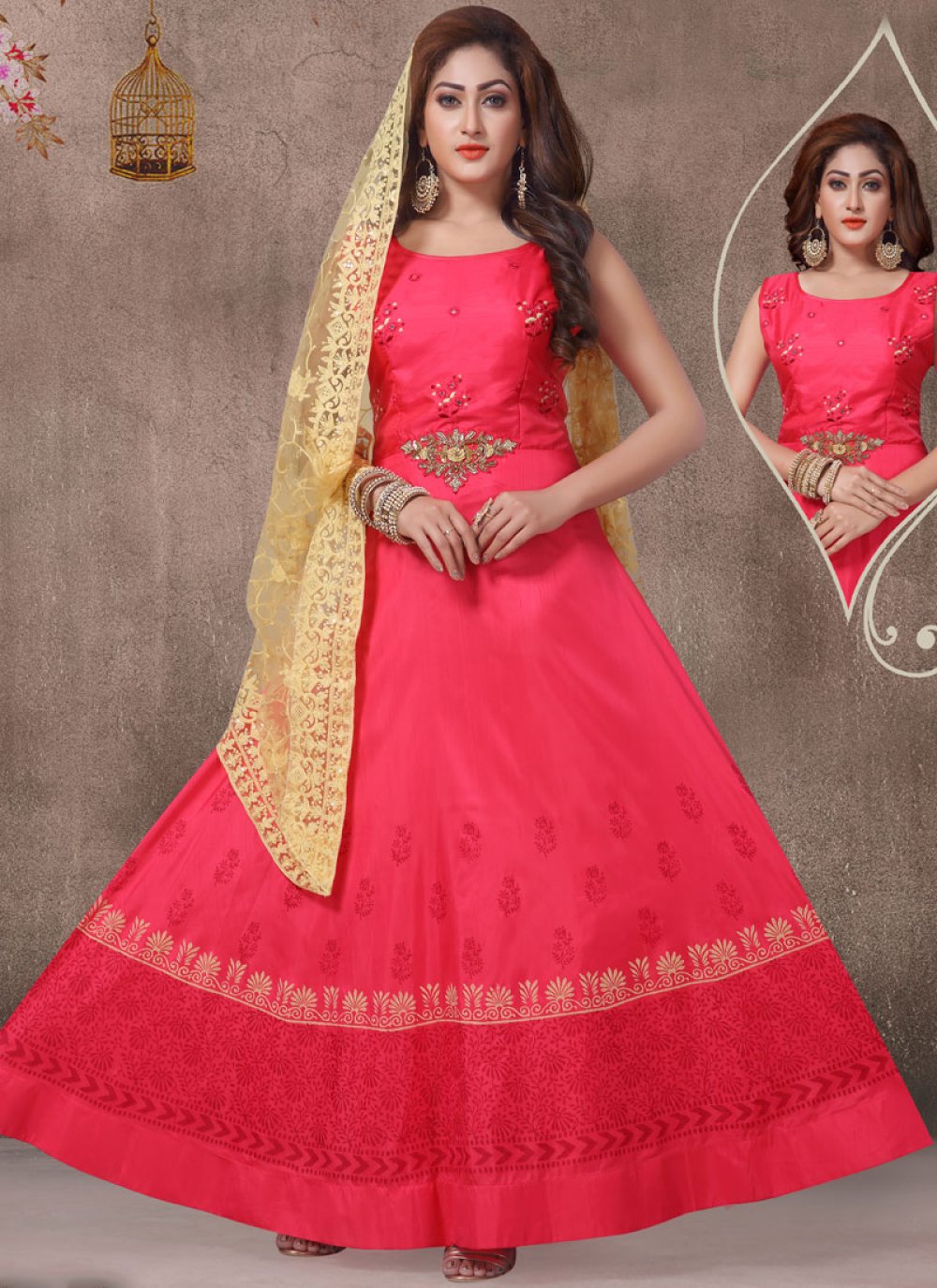 Buy Hot Pink Embroidered Ceremonial Readymade Suit 127542