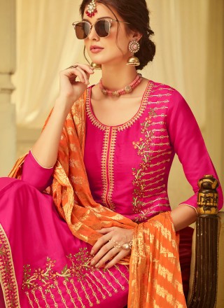 Hot Pink Embroidered Viscose Designer Salwar Kameez