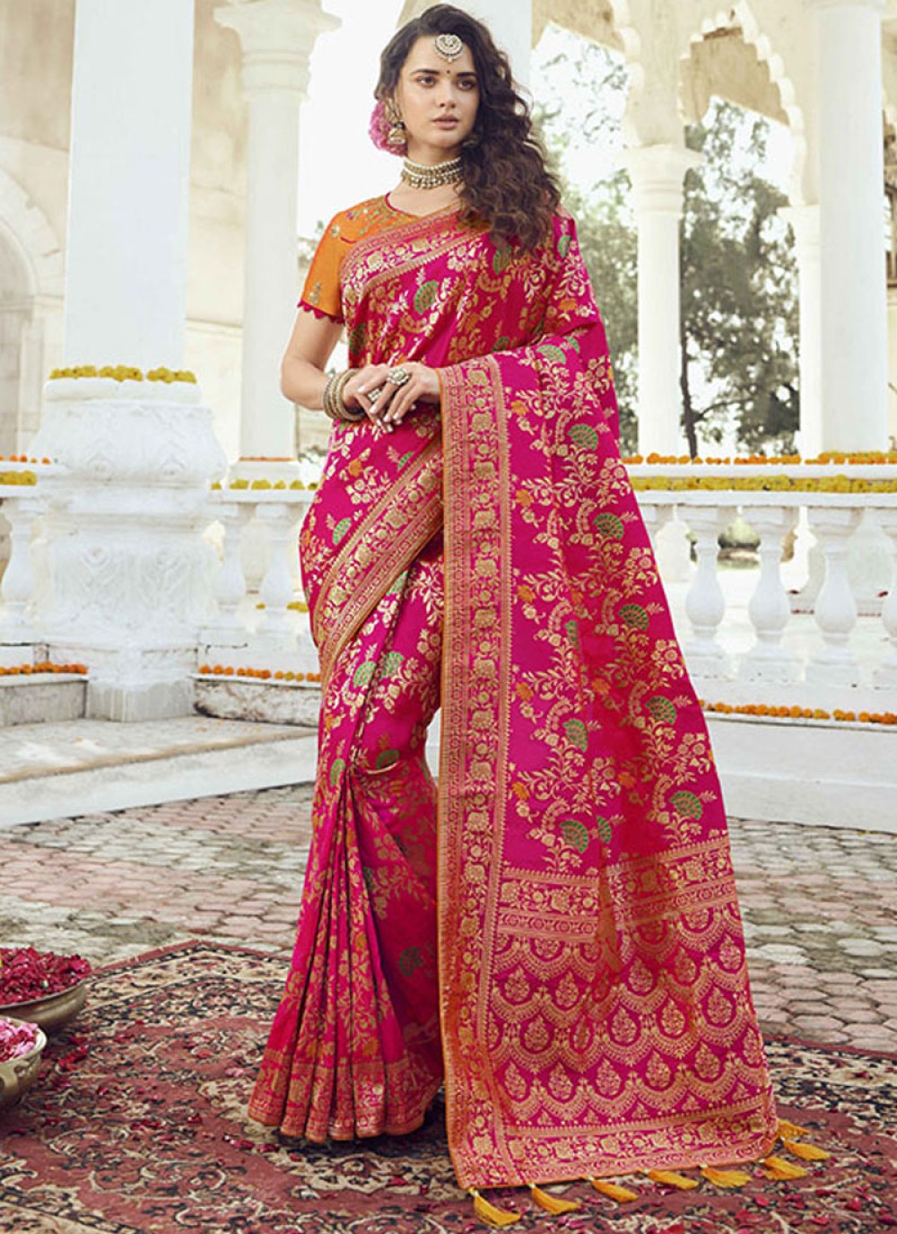 Hot Pink Jacquard Silk Traditional Designer Saree