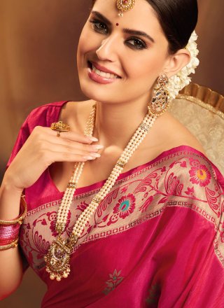 Hot Pink Jacquard Silk Traditional Saree