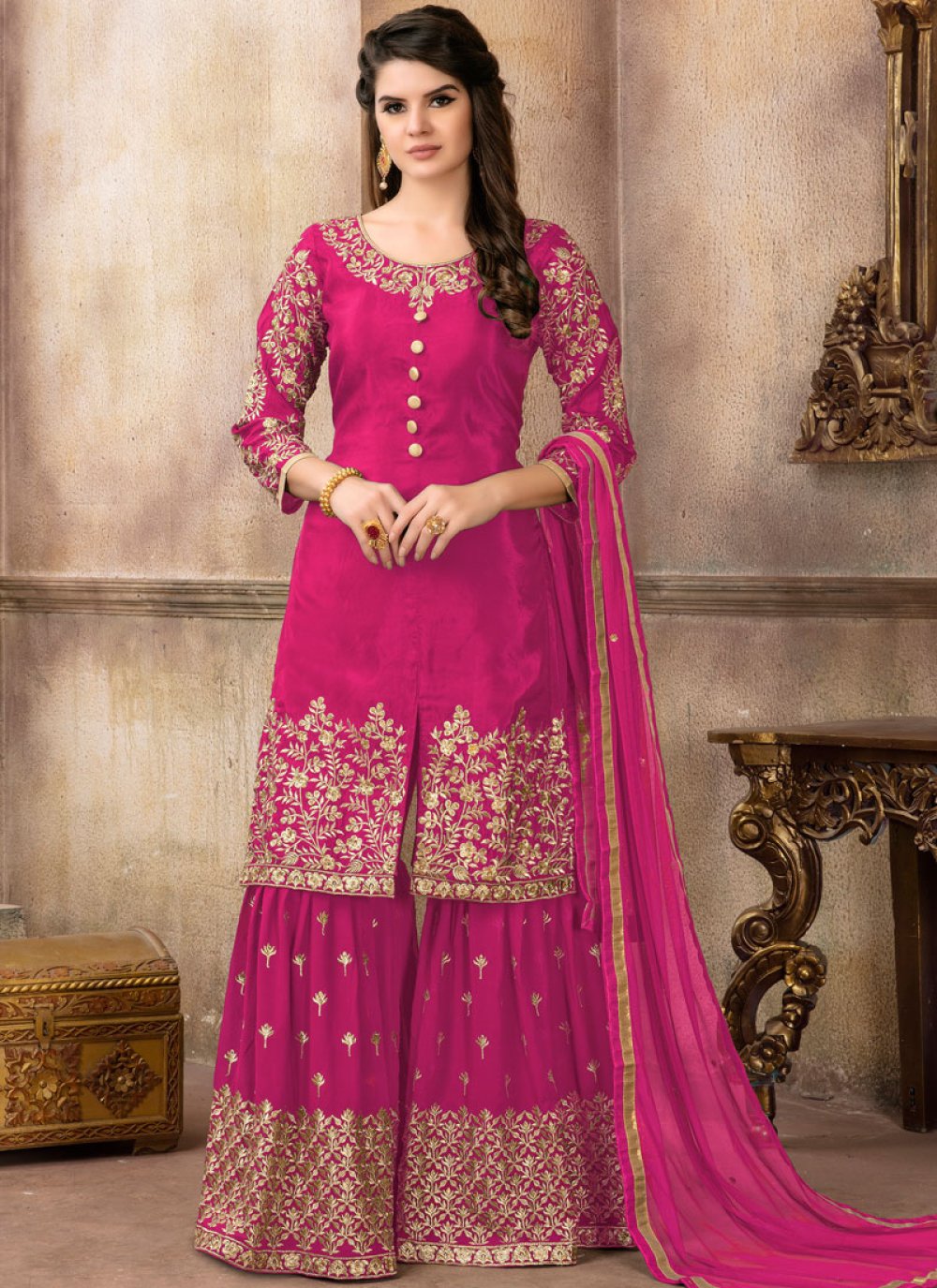 Shop Online Hot Pink Lace Designer Pakistani Suit : 100800