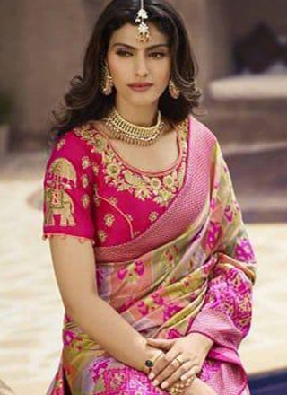 Hot Pink Patch Border Festival Traditional Saree