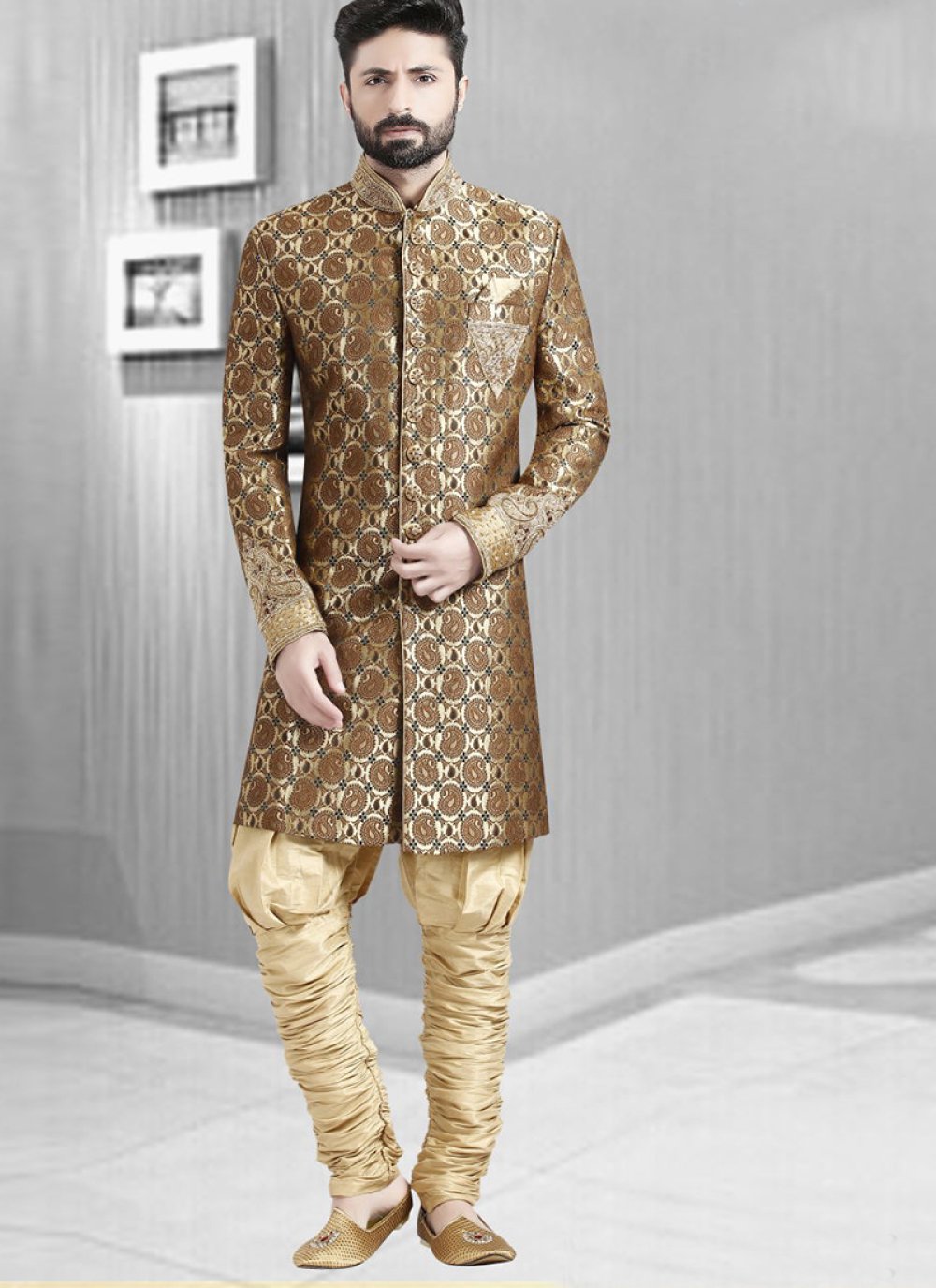 men golden sherwani