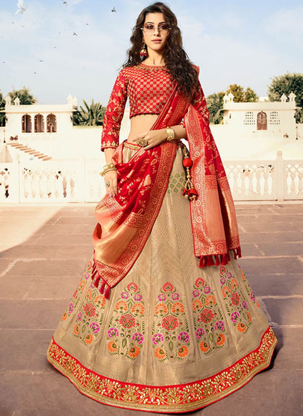 Buy Jacquard Silk Mehndi Designer Lehenga Choli Online