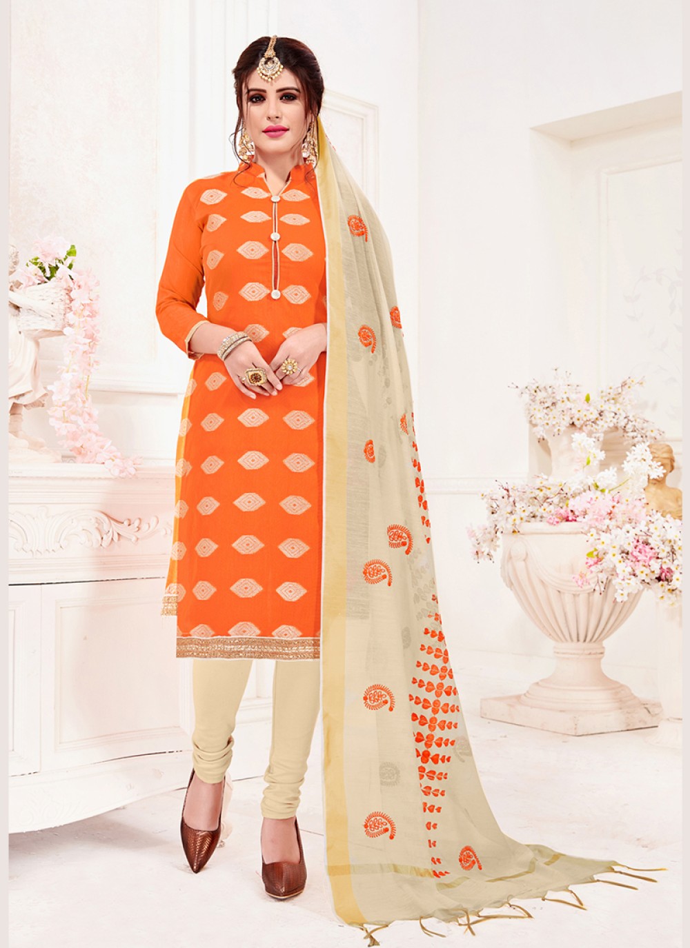 Jacquard Silk Orange Churidar Suit