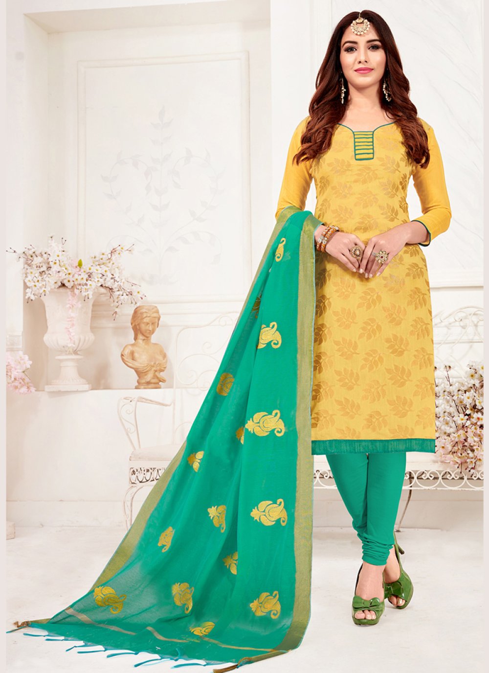 Jacquard Silk Print Churidar Suit in Yellow