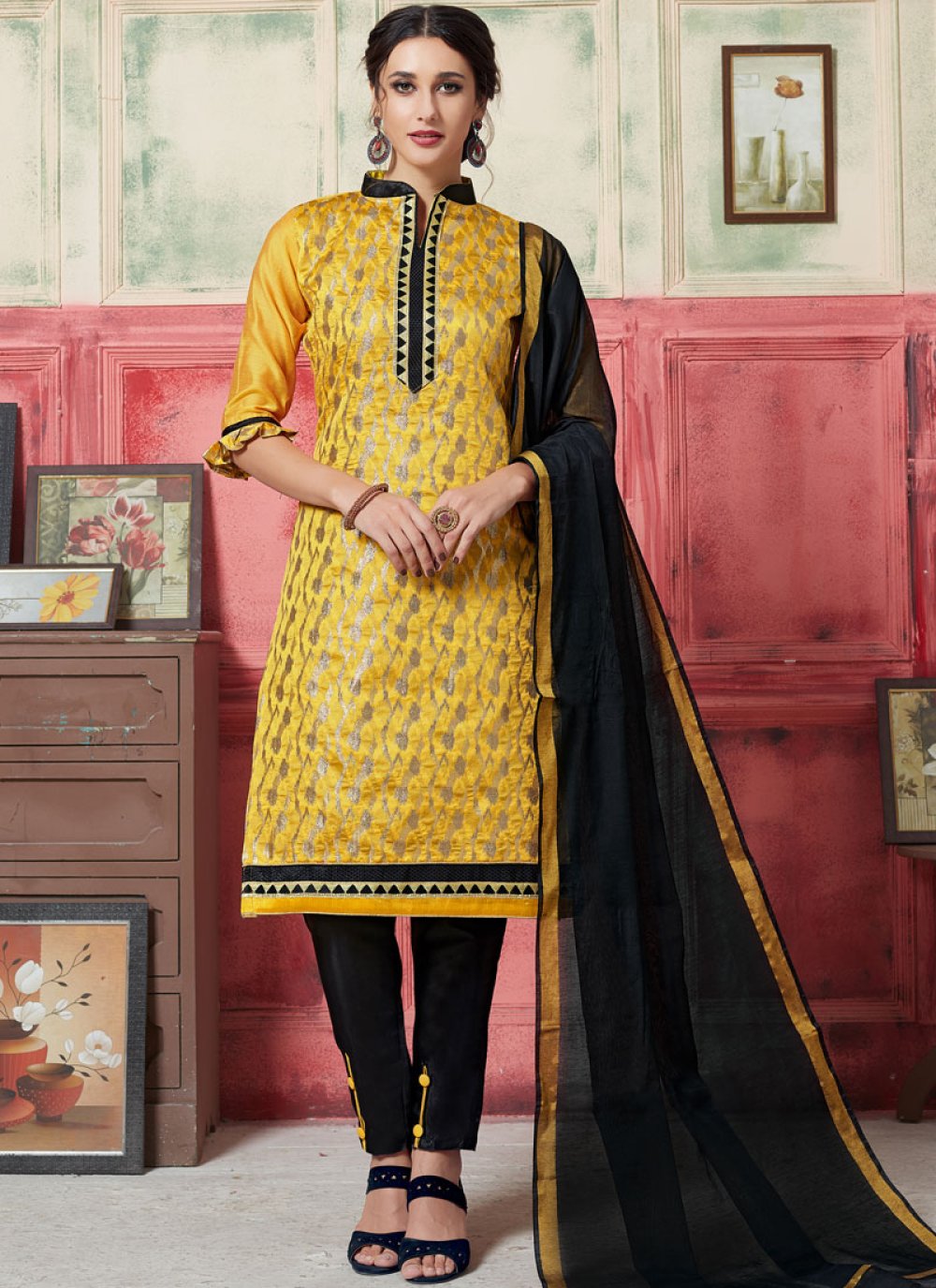 Jacquard Silk Weaving Designer Suit in Yellow