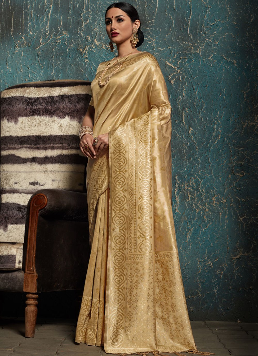 Kanchipuram Silk Traditional Designer Saree In Gold Buy Online 