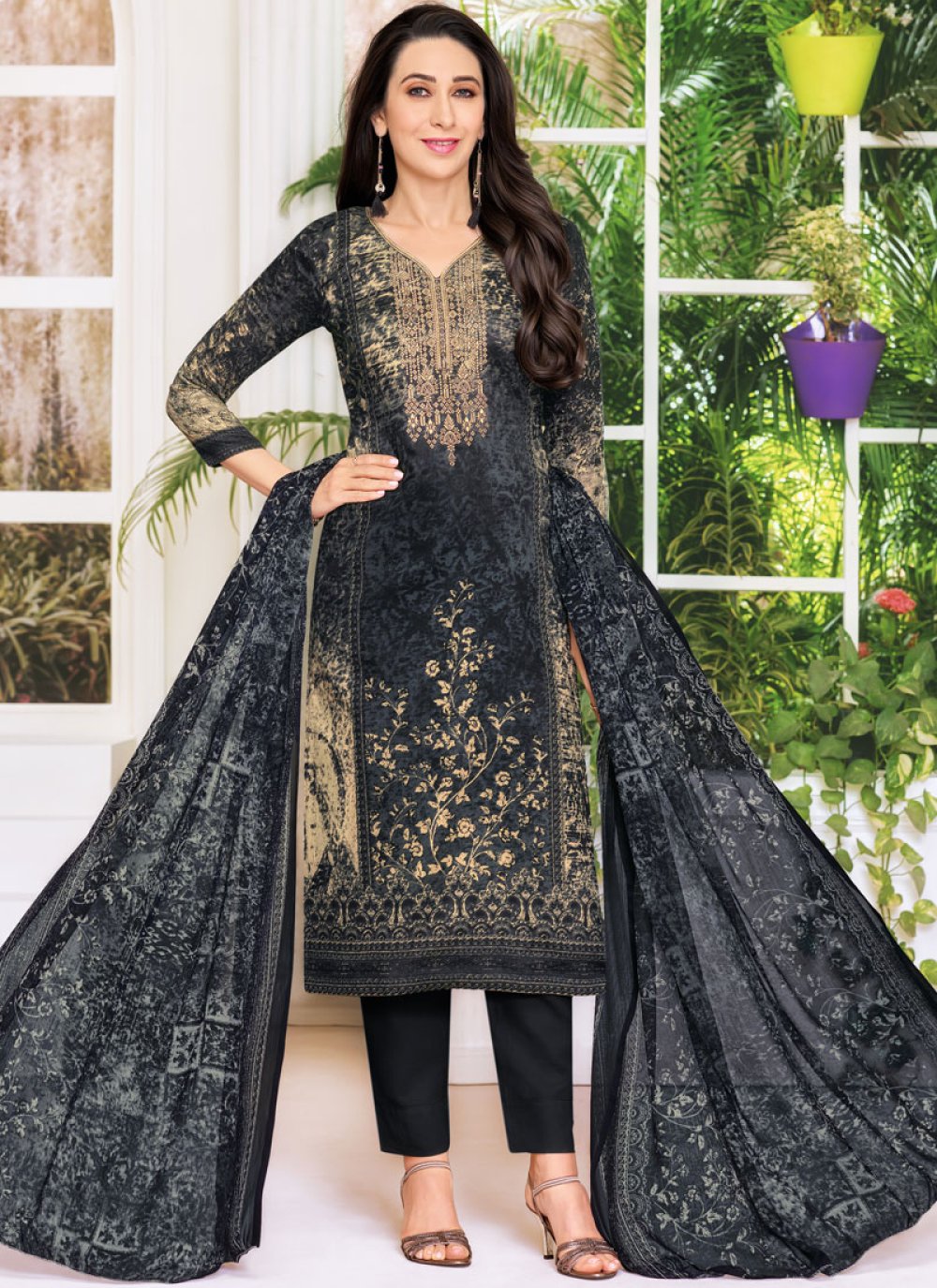 Shop Karishma Kapoor Black Satin Abstract Print Pant Style Suit Online ...