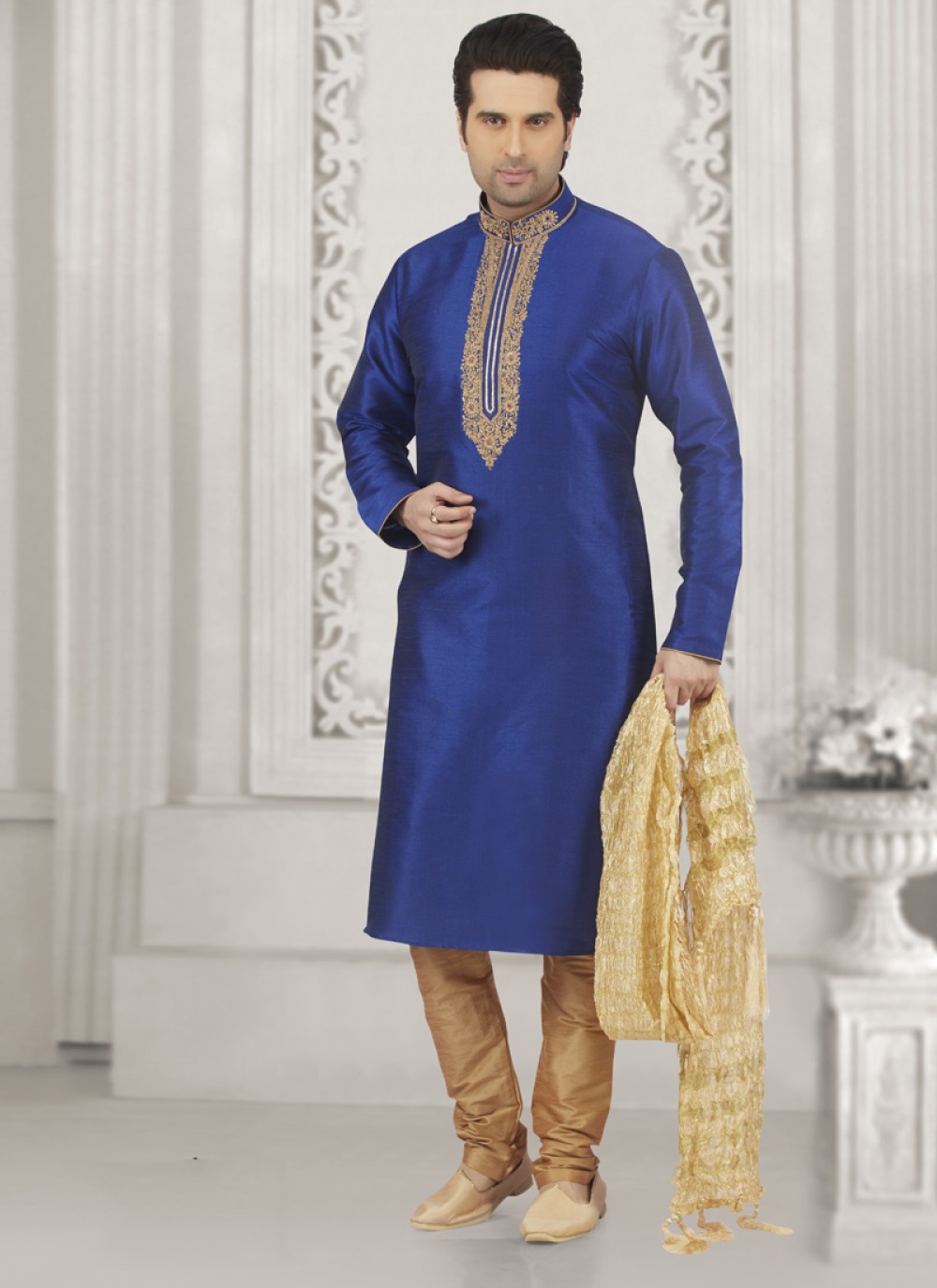 Kurta Pyjama Embroidered Art Banarasi Silk in Blue