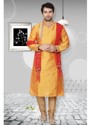 Kurta Pyjama Embroidered Art Dupion Silk in Orange