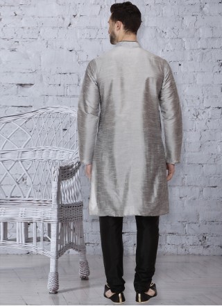 Kurta Pyjama Embroidered Dupion Silk in Grey
