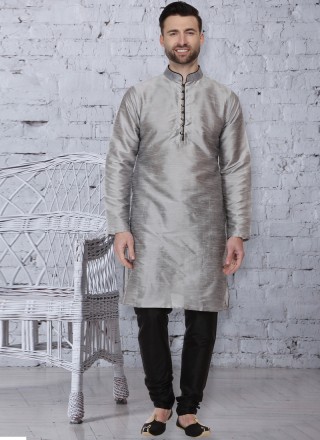 Kurta Pyjama Embroidered Dupion Silk in Grey