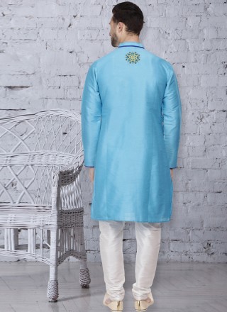 Kurta Pyjama Embroidered Dupion Silk in Turquoise