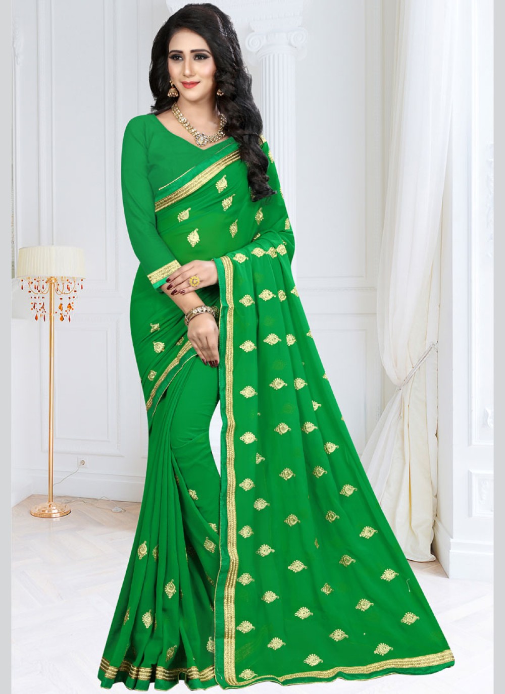 Lace Faux Georgette Green Saree