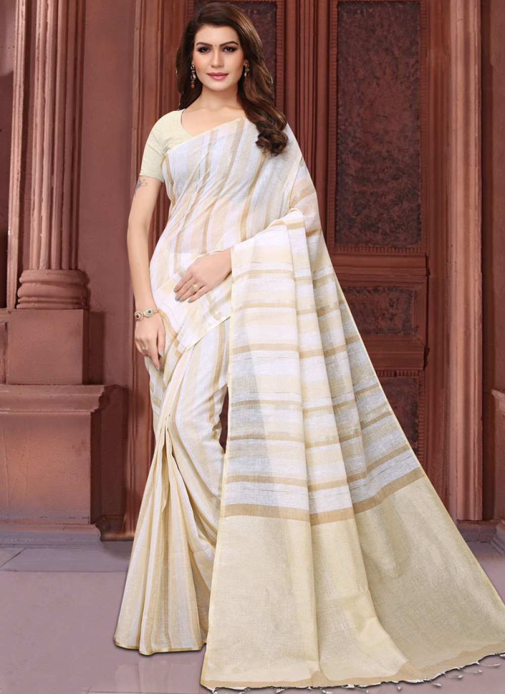 Linen Abstract Print Casual Saree in White