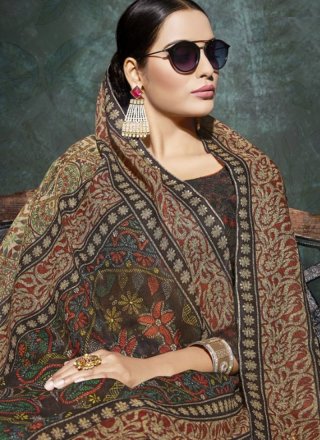 Linen Abstract Print Printed Saree in Beige