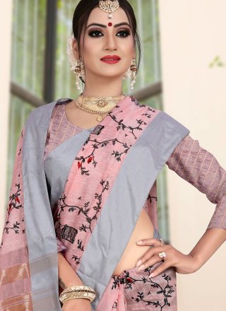 Linen Weaving Printed Saree in Multi Colour