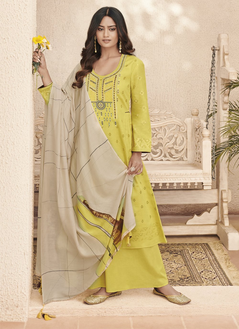Buy Online Linen Yellow Designer Pakistani Suit 111429