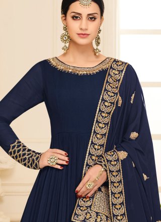 Malbari Silk  Resham Blue Anarkali Suit