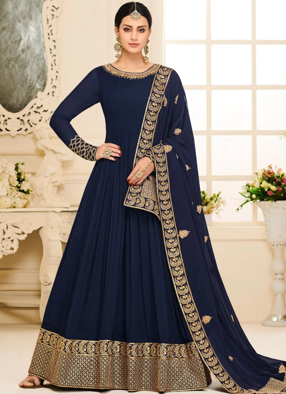 Buy Online Malbari Silk Resham Blue Anarkali Suit : 110469