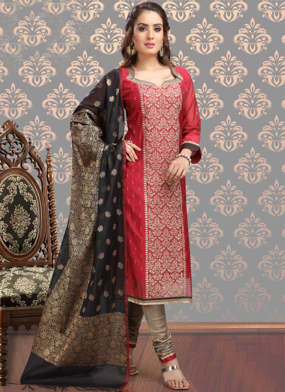 Buy Online Maroon Ceremonial Chanderi Churidar Designer Suit : 113984