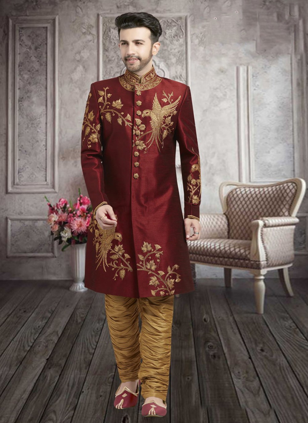 matching sherwani with maroon lehenga