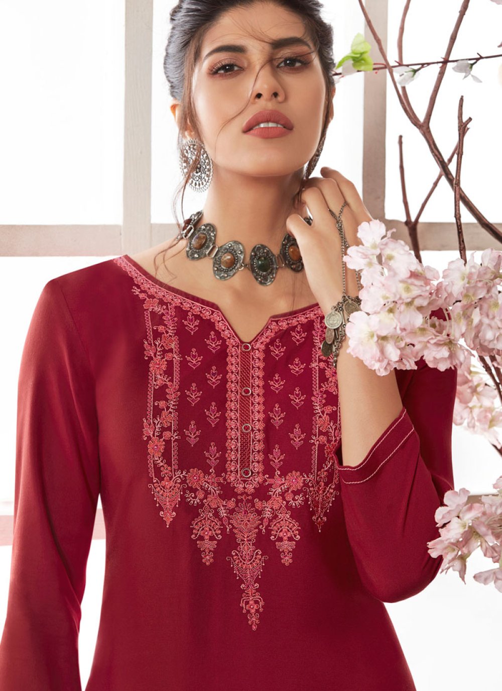 maroon embroidered party wear gown
