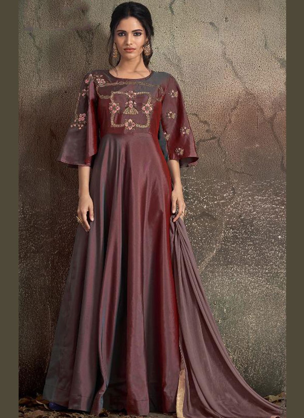 Maroon Embroidered Tafeta Silk Readymade Trendy Gown 