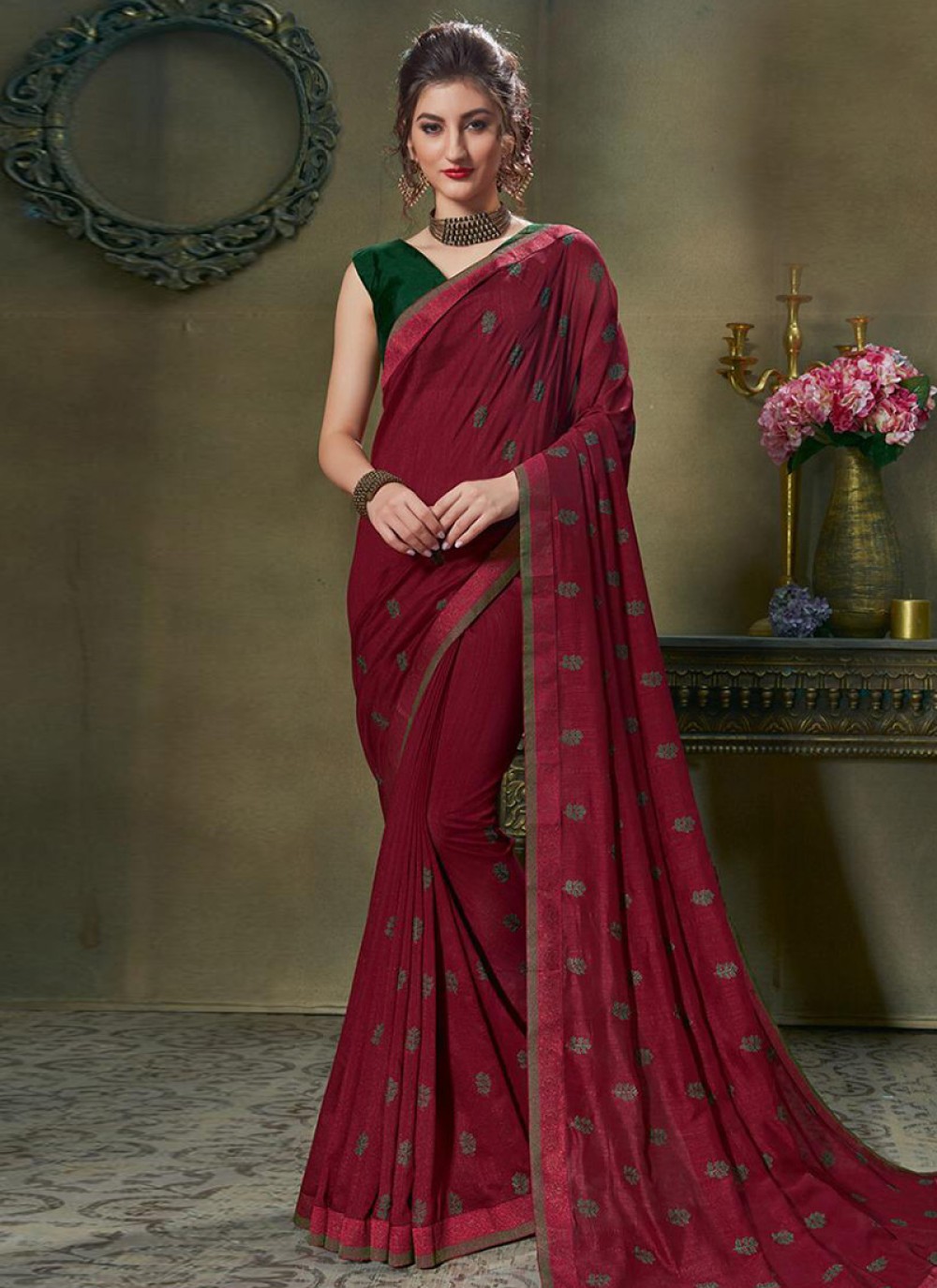 Maroon Embroidered Traditional Saree