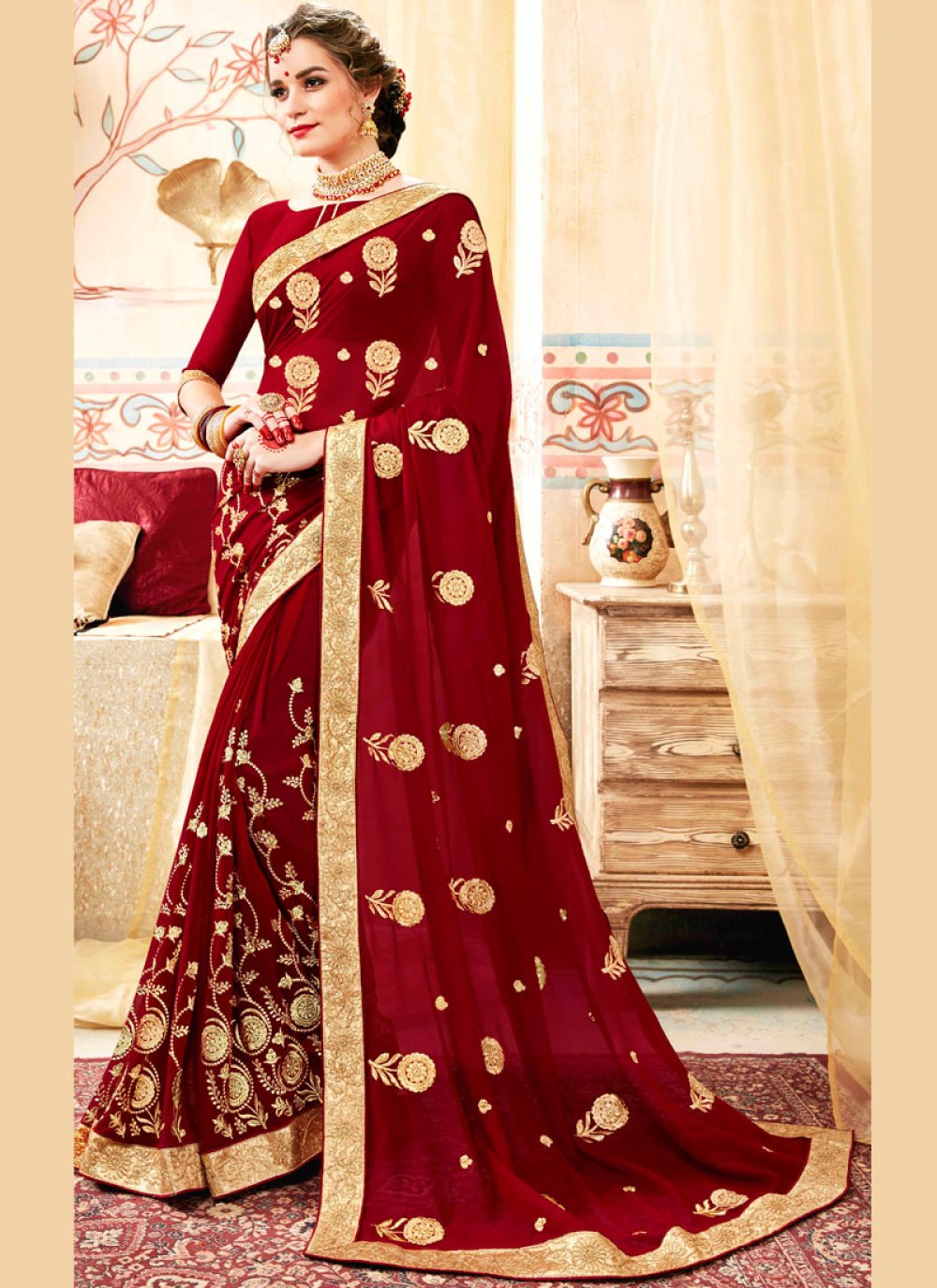 Maroon Faux Georgette Embroidered Classic Saree