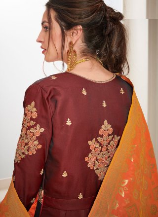 Maroon Satin Silk Readymade Gown 