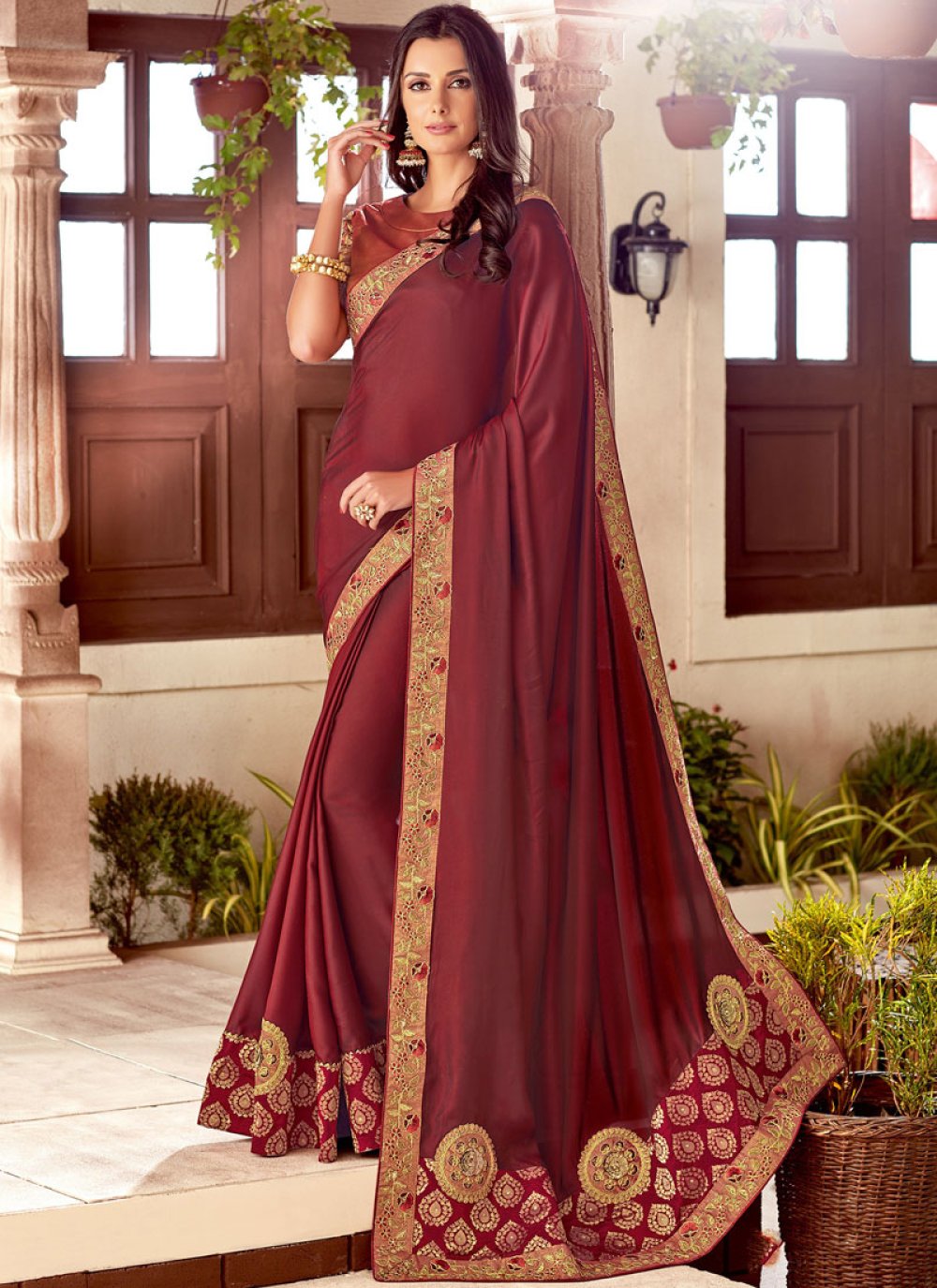 Buy Maroon Traditional Saree Online : 97436