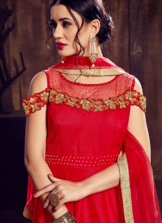 Maslin Silk Red Handwork Trendy Gown