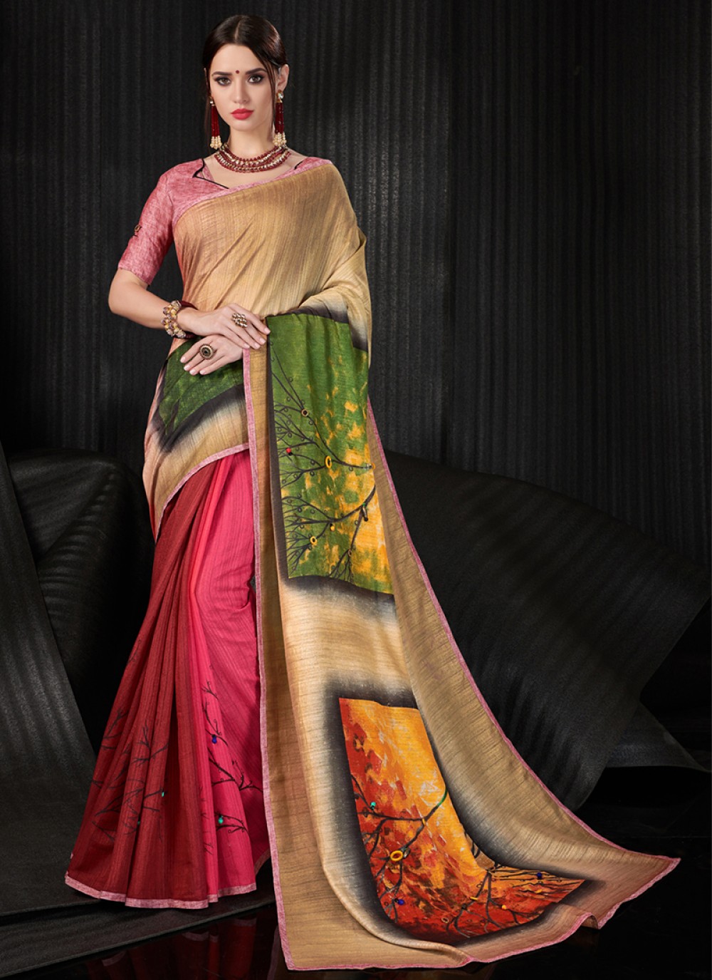 Multi Colour Abstract Print Party Printed Saree
