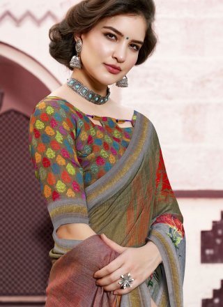Multi Colour Digital Print Linen Trendy Saree