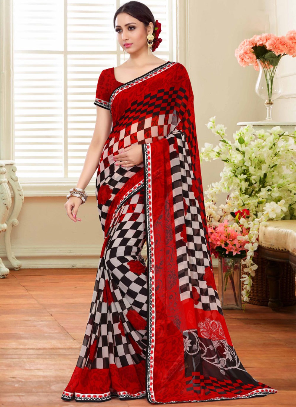 Multi Colour Faux Georgette Abstract Print Printed Saree