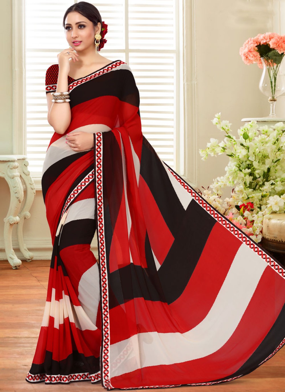Multi Colour Faux Georgette Abstract Print Printed Saree