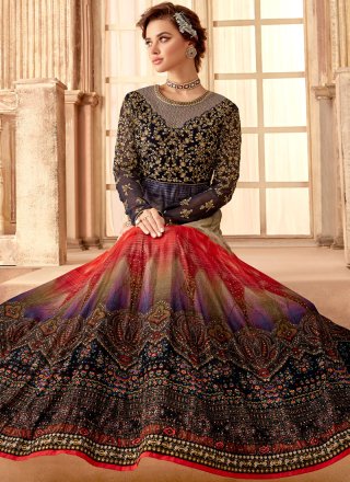 Multi Colour Velvet Embroidered Anarkali Salwar Kameez
