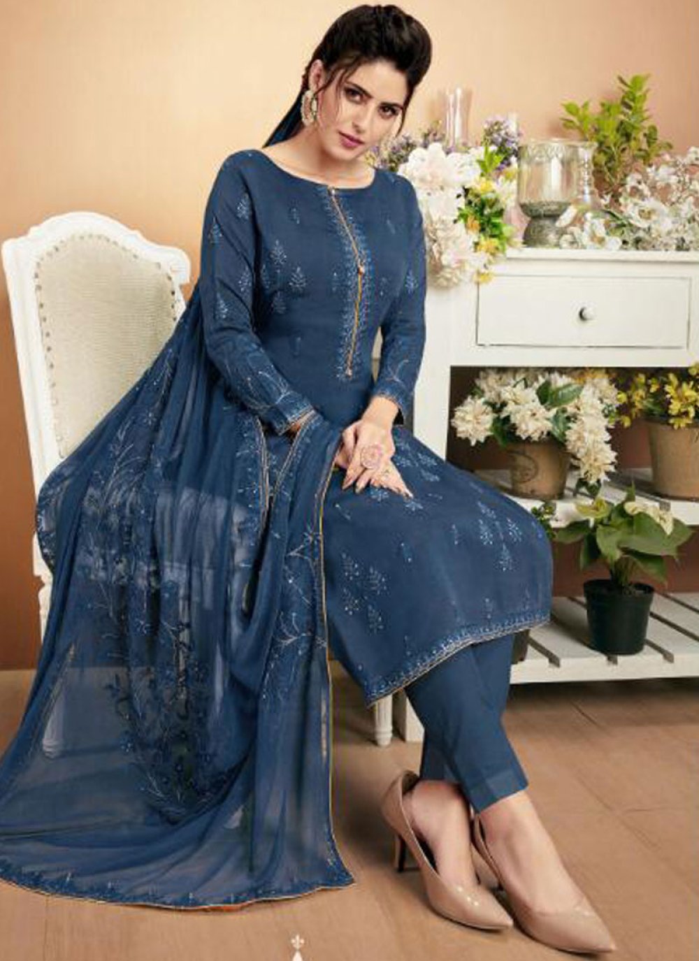 Buy Muslin Blue Embroidered Designer Palazzo Suit : 132252