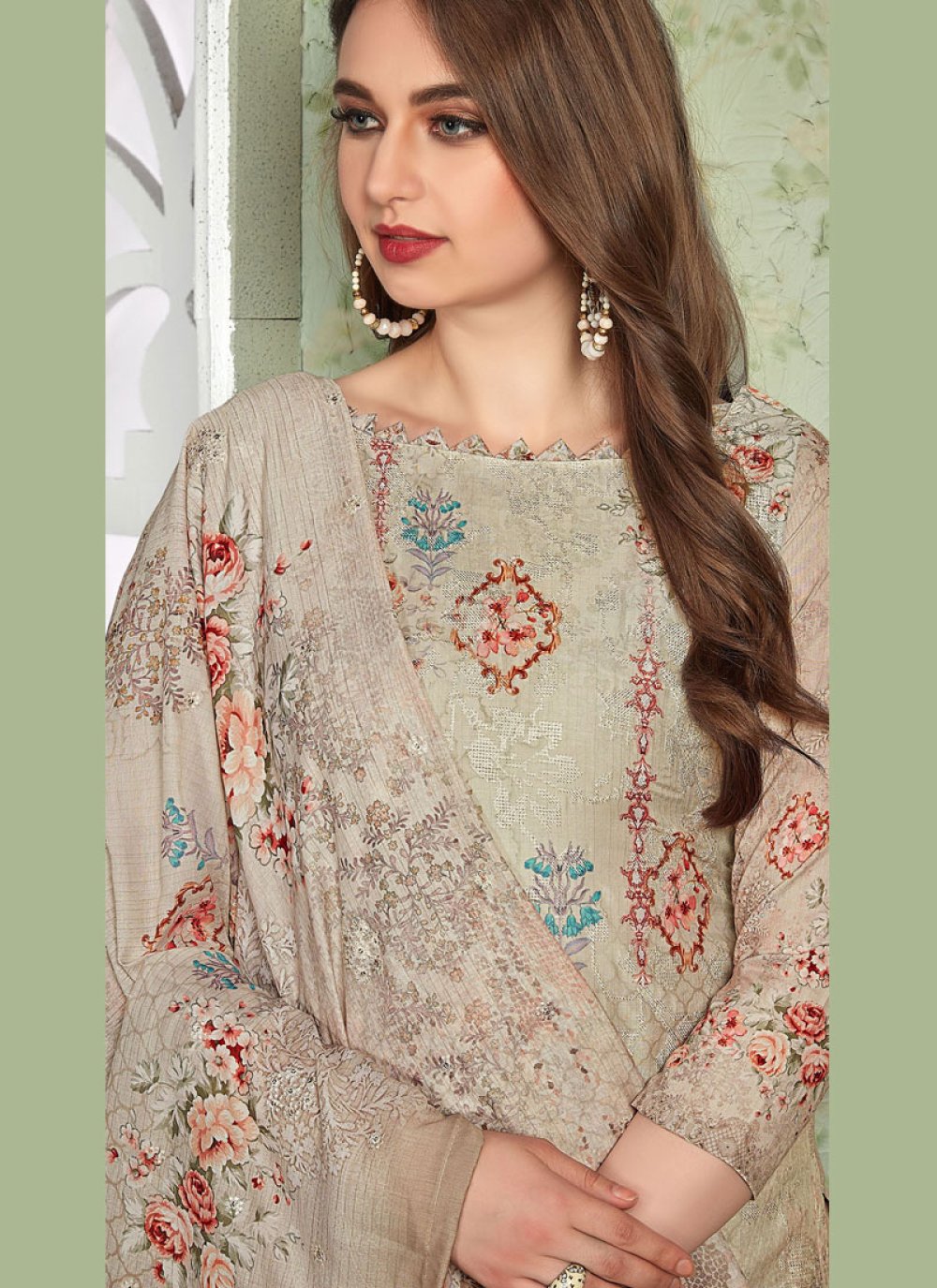 Shop Online Muslin Embroidered Beige Pant Style Suit : 122506