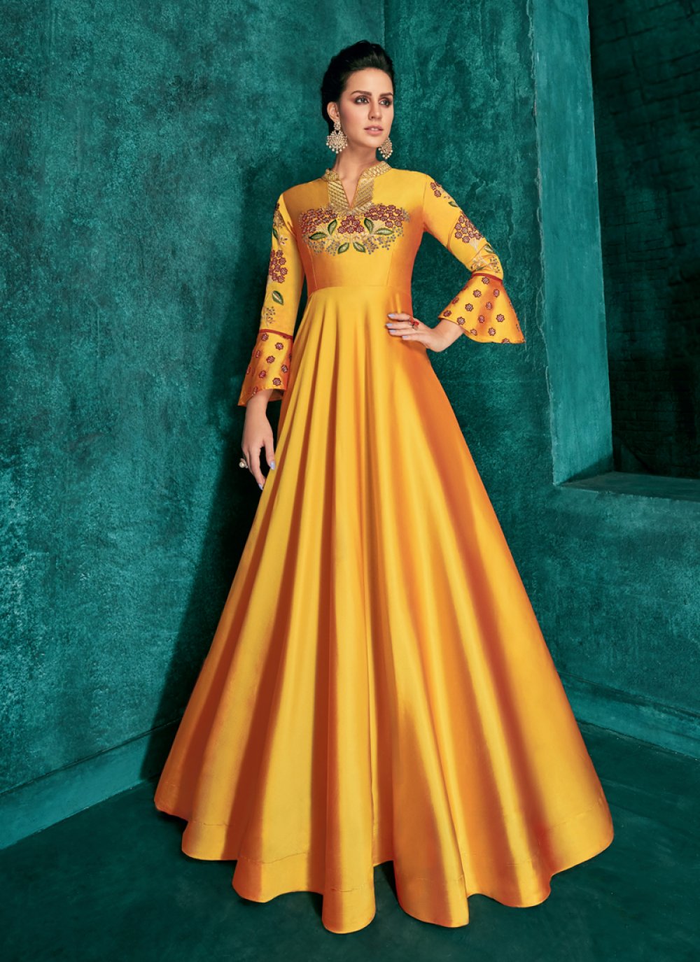 Mustard Art Silk Embroidered Readymade Gown